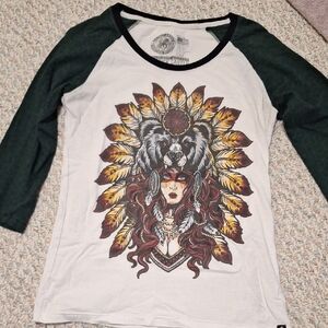 Women's Long Sleeve Graphic Raglan Tee - Cream & Dark Green